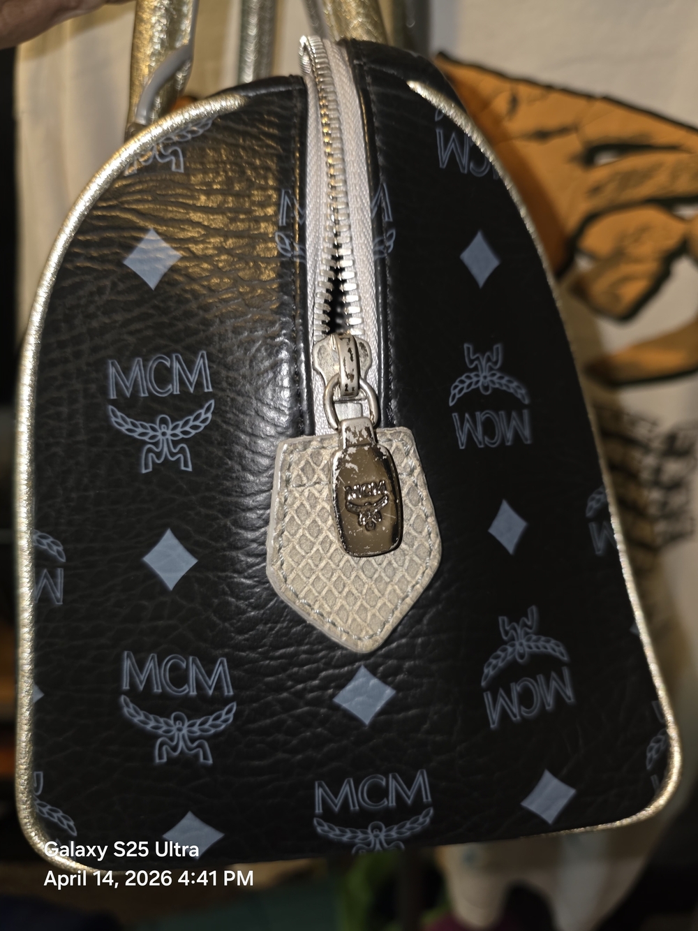 SOLD)))MCM Metallic Black Leather Small/Med Boston Bag W/ Gold and Pink Accents. - Picture 5 of 15